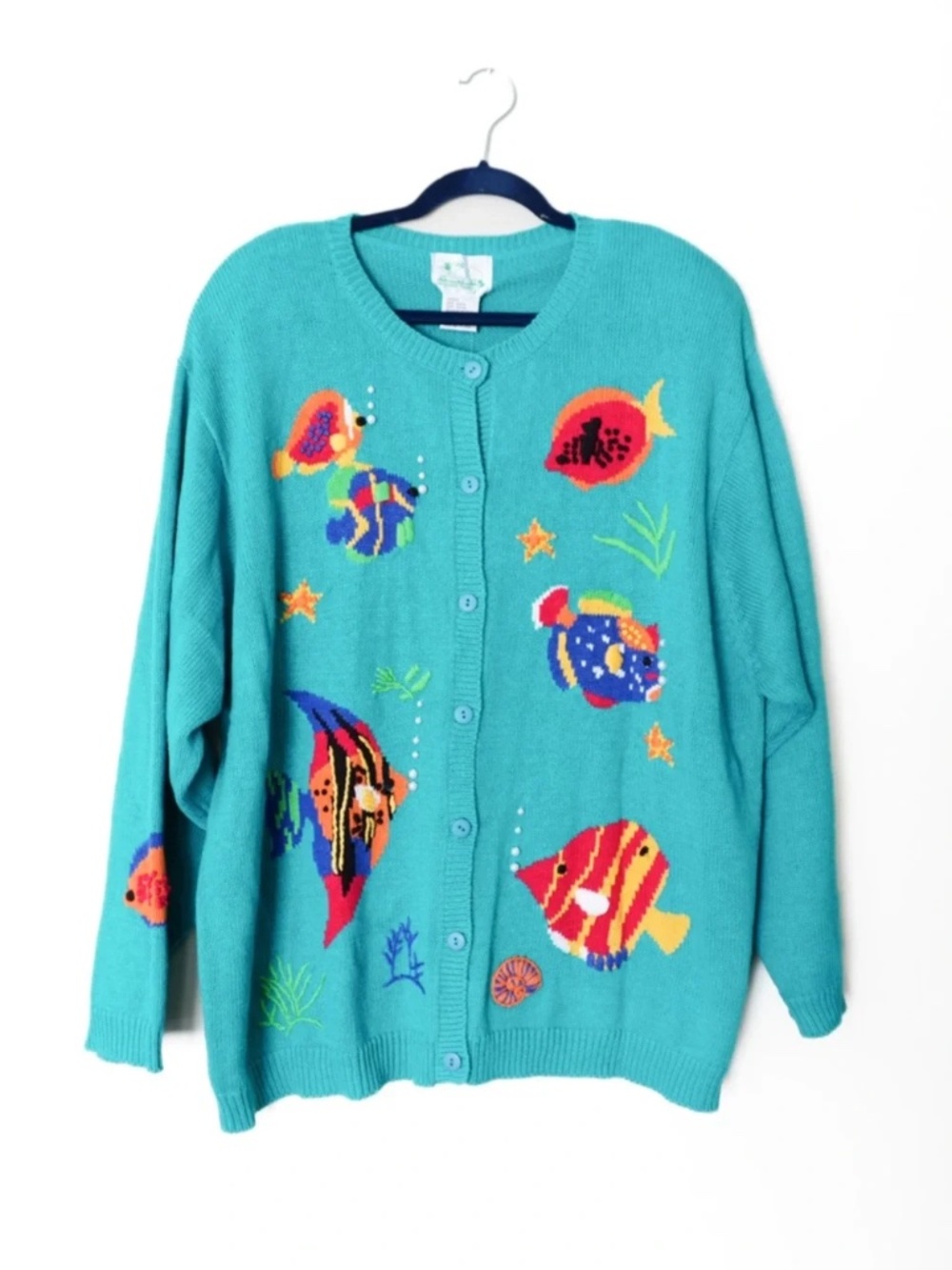 The Quaker Factory Embroidered Fish Ocean Button Cardigan